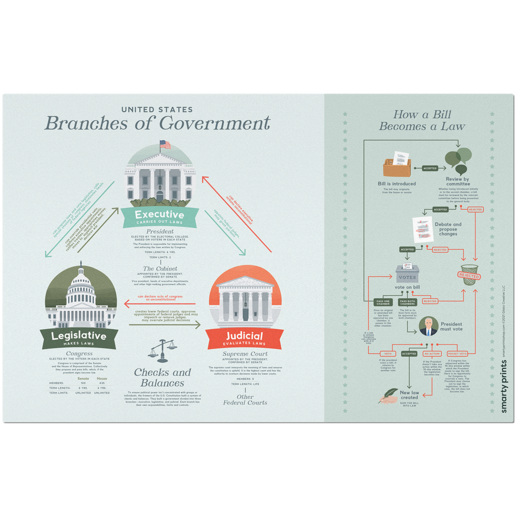 USA Government Placemat, US Capitol, Senate, White House, Checks & Bal