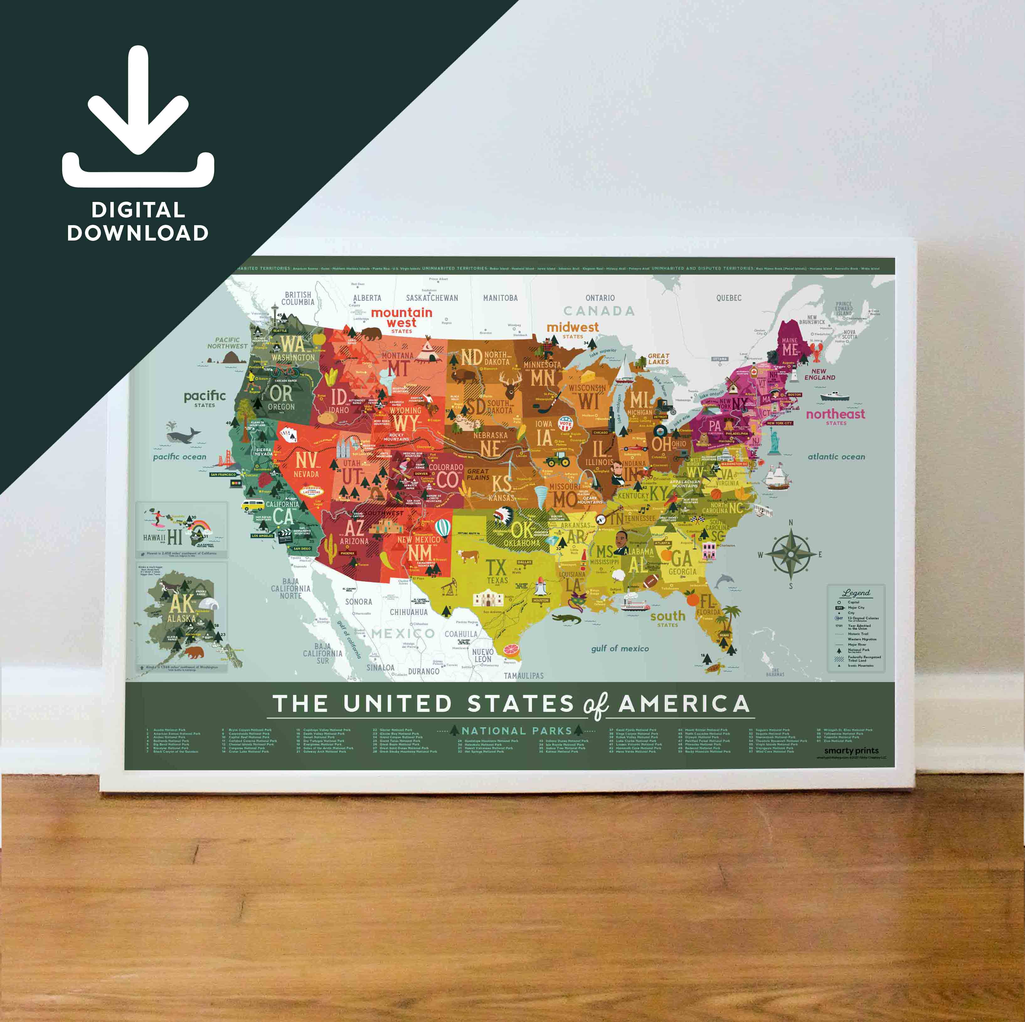 Educational Children's US Map, Printable Poster, Fun Illustrated Map, US  National Parks, Learning United States Geography, DIGITAL DOWNLOAD: 18X24, 